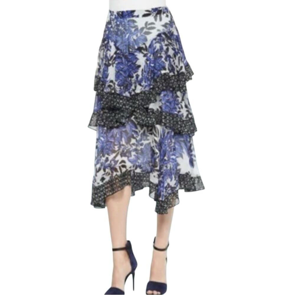 Rebecca Taylor Silk Tiered Blue and Black Ruffle Printed Midi Skirt 8